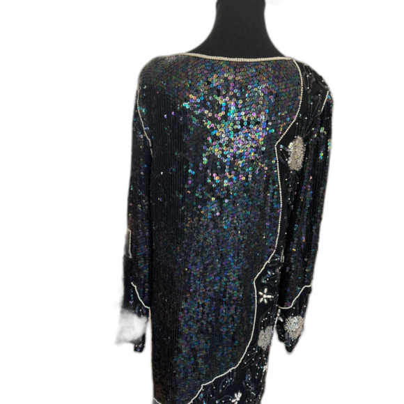 Vintage Black Beaded Silk Midi Dress Size M Embellished Minor Repair Needed - Picture 2 of 9
